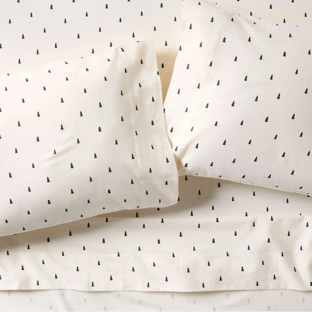 New! Crate&Barrel Cozysoft Organic Flannel Spruce Green Trees Bed Sheet Set KING